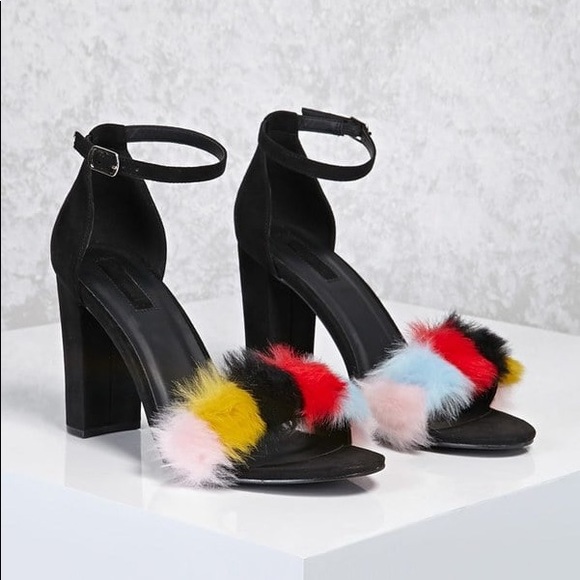 fur ankle strap heels